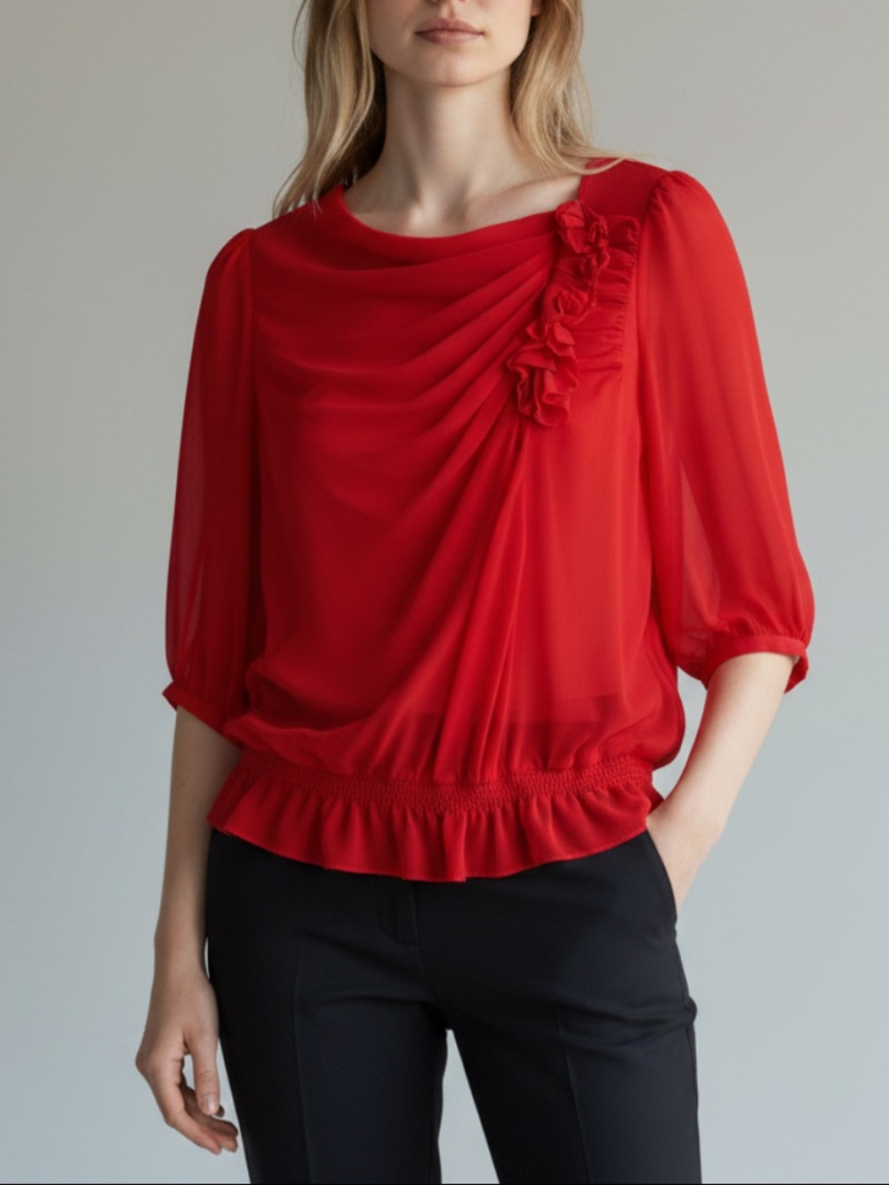 Ted Baker Red Draped 100% Silk Blouse, Short Sleeve, Ruffle & Rosette Details, 2